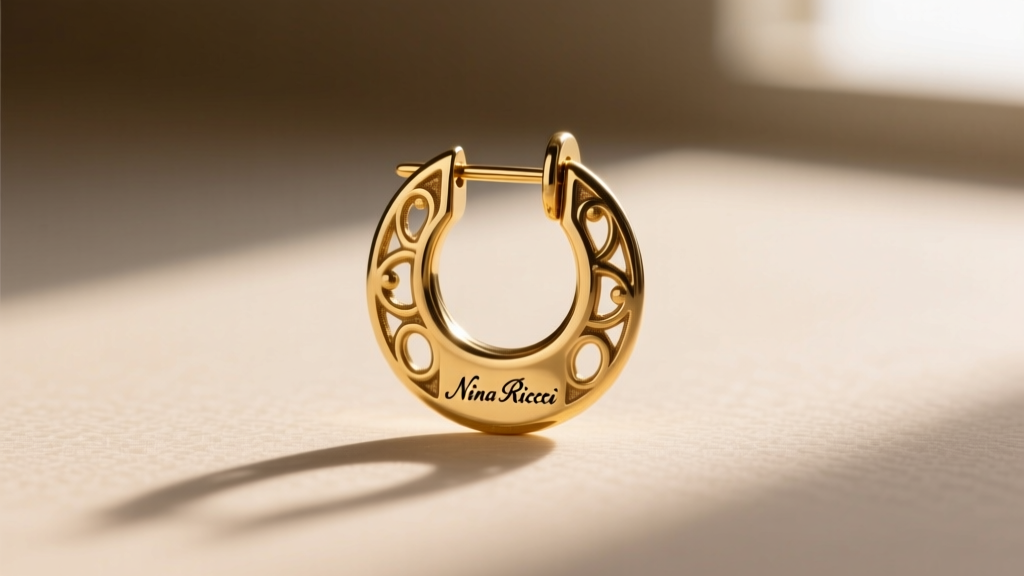 Back-view of a 1960s Nina Ricci earring showing the stamped patent number on a gold-washed omega clip-back fastener mechanism.