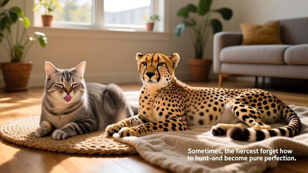 Side-by-side comparison showing a domestic cat and a cheetah both blepping while relaxed