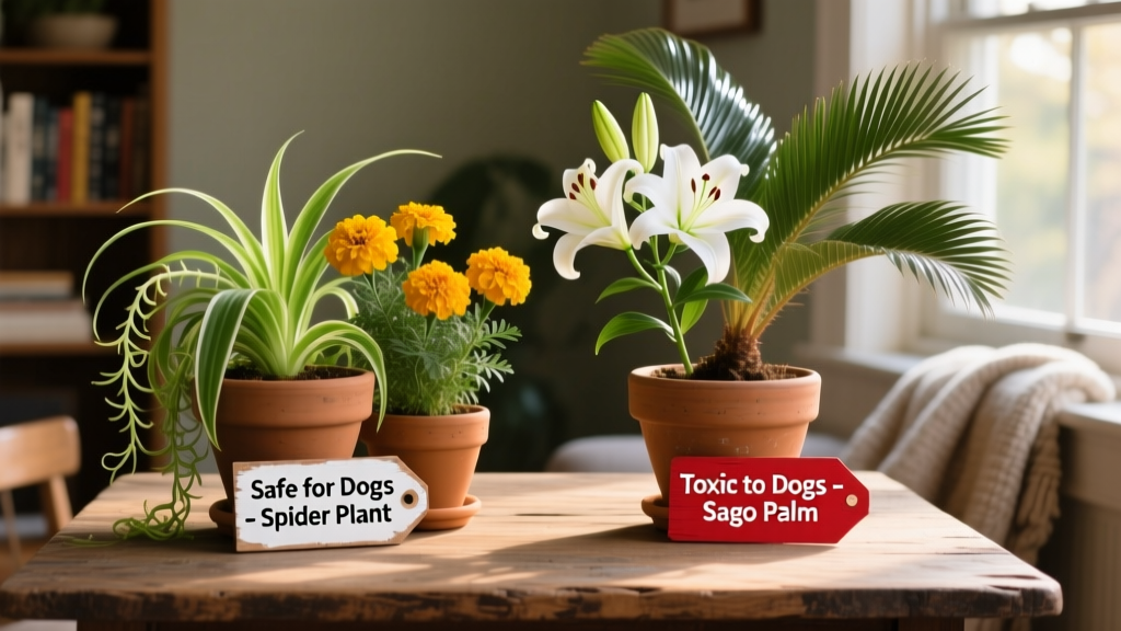 Side-by-side comparison: safe dog-friendly plants (like spider plant and marigolds) versus toxic ones (like lilies and sago palm) labeled clearly