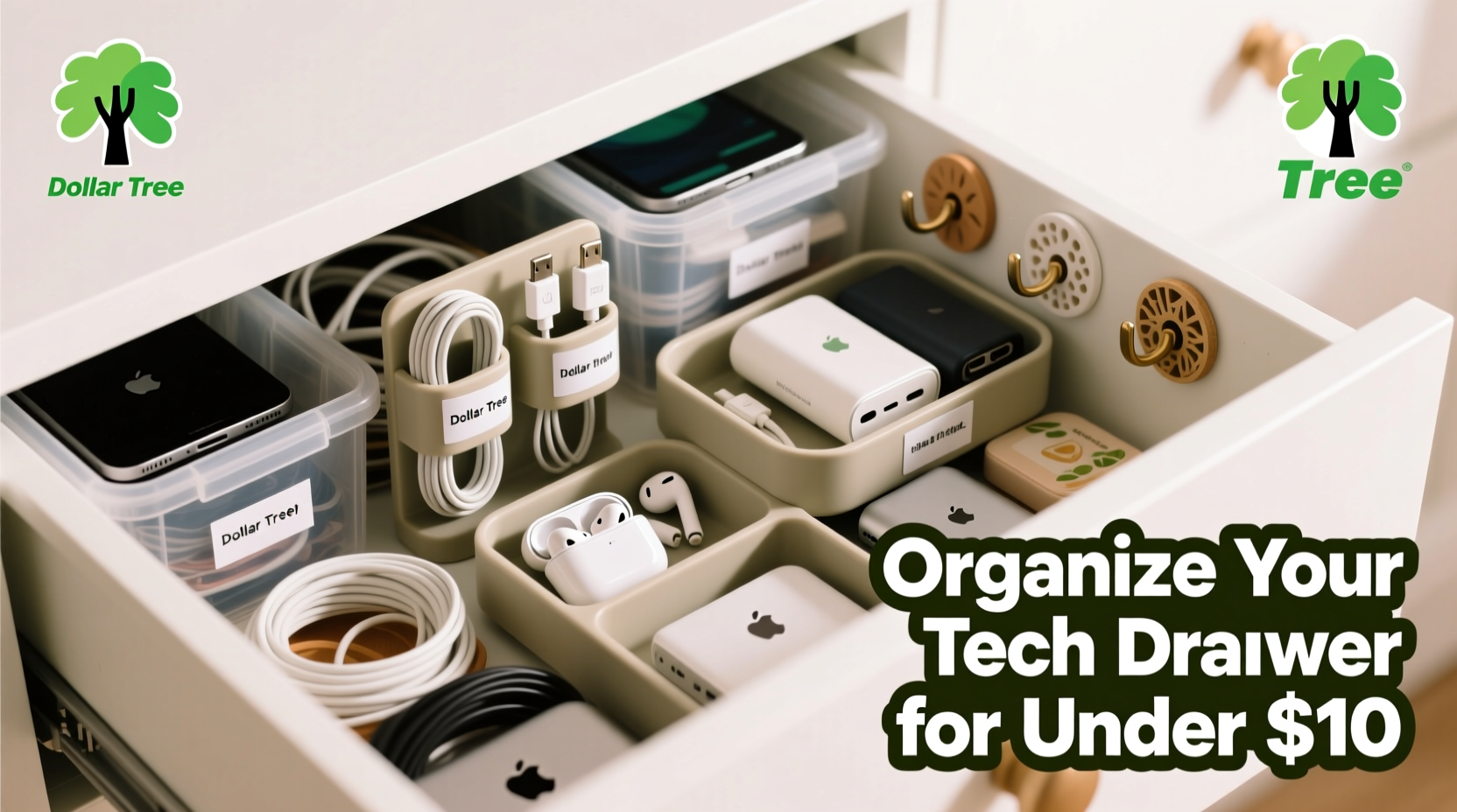 how to organize a messy tech drawer with dollar store supplies