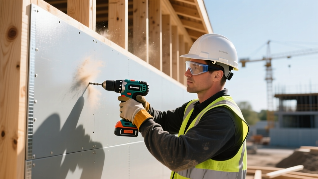 Contractor wearing safety gear screwing fiberglass faced gypsum sheathing panels onto exterior wood framing with a cordless drill