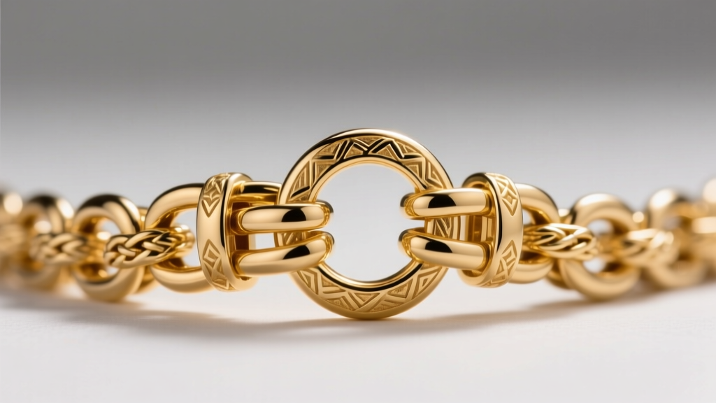Macro shot of a 14k gold multi-strand spacer clasp connecting three chain weaves, highlighting the secure spring ring mechanisms