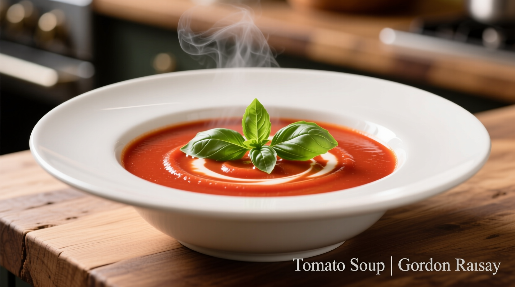 Gordon Ramsay tomato soup in white bowl with basil garnish