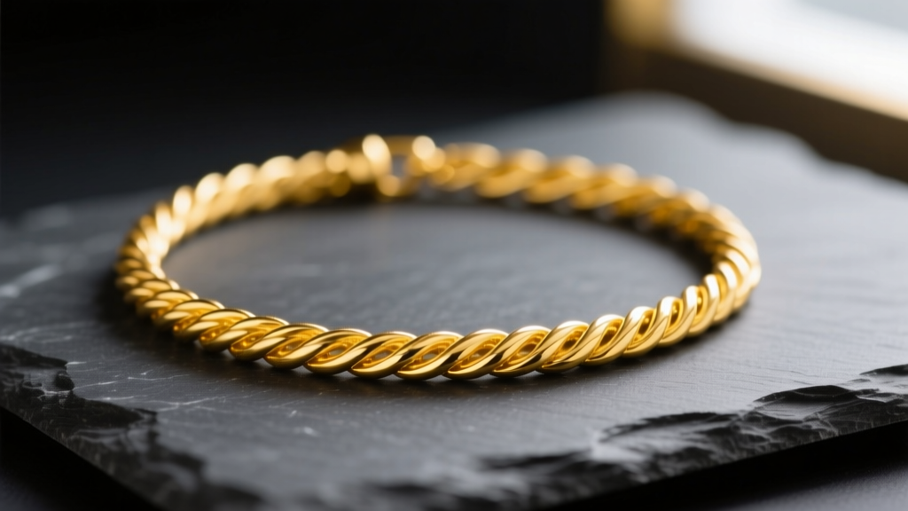 Close-up of a pure 24 karat gold rope necklace on dark slate, highlighting its rich yellow luster and soft metallic texture.