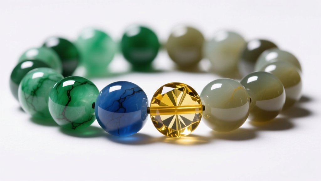 Type A multi color jadeite beads with rich color zoning beside dull resin-treated Type B beads under bright gemological lighting.