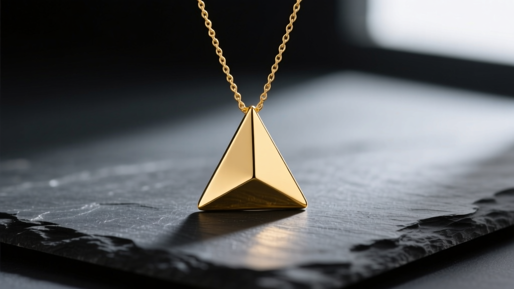 Close-up of a minimalist 14k yellow gold triangle pendant on a delicate 1.2mm cable chain, resting on dark slate, moody lighting