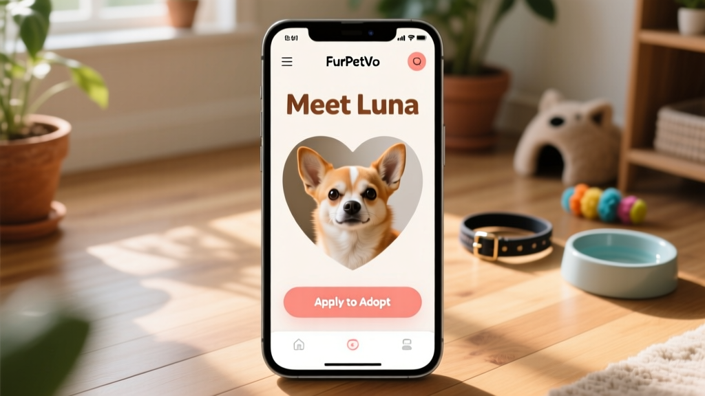Screenshot-style graphic showing a clean, user-friendly FurPetVo interface with a Chihuahua profile, 'Meet Luna' headline, and 'Apply to Adopt' button