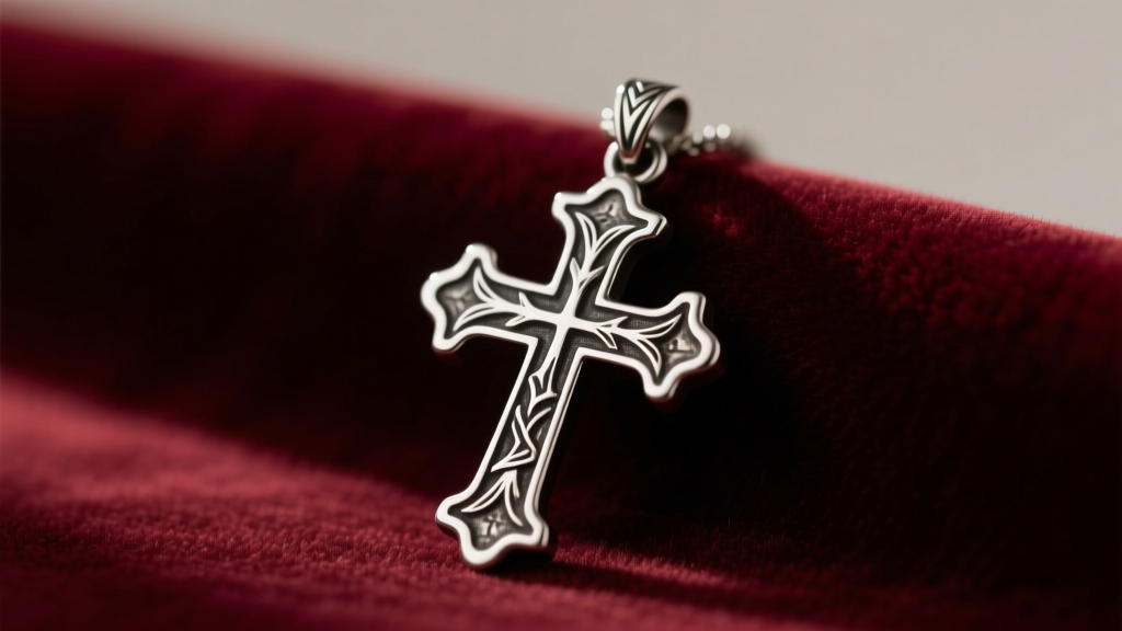 Oxidized silver Jerusalem cross pendant on velvet, side lighting highlighting the five-cross motif and textured engravings.