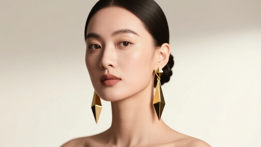 Elegant woman with a round face wearing long geometric gold drop earrings below her jawline in soft studio lighting.