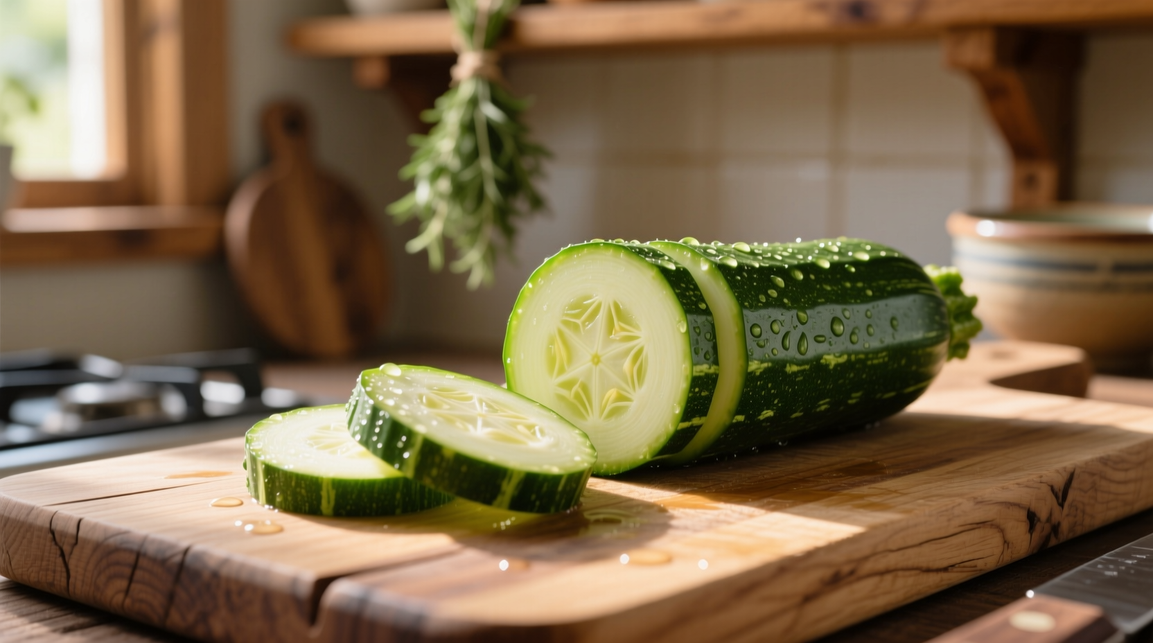 Freshly sliced zucchini on wooden cutting board