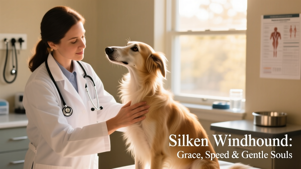 A veterinarian gently examining a Silken Windhound during a wellness checkup, with the dog calm and attentive