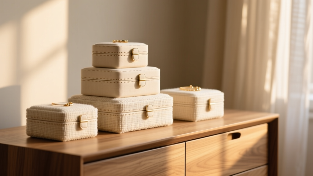 Stackable linen and bouclé fabric covered jewelry boxes in beige and cream, on modern oak dresser, warm ambient lighting, photoreal