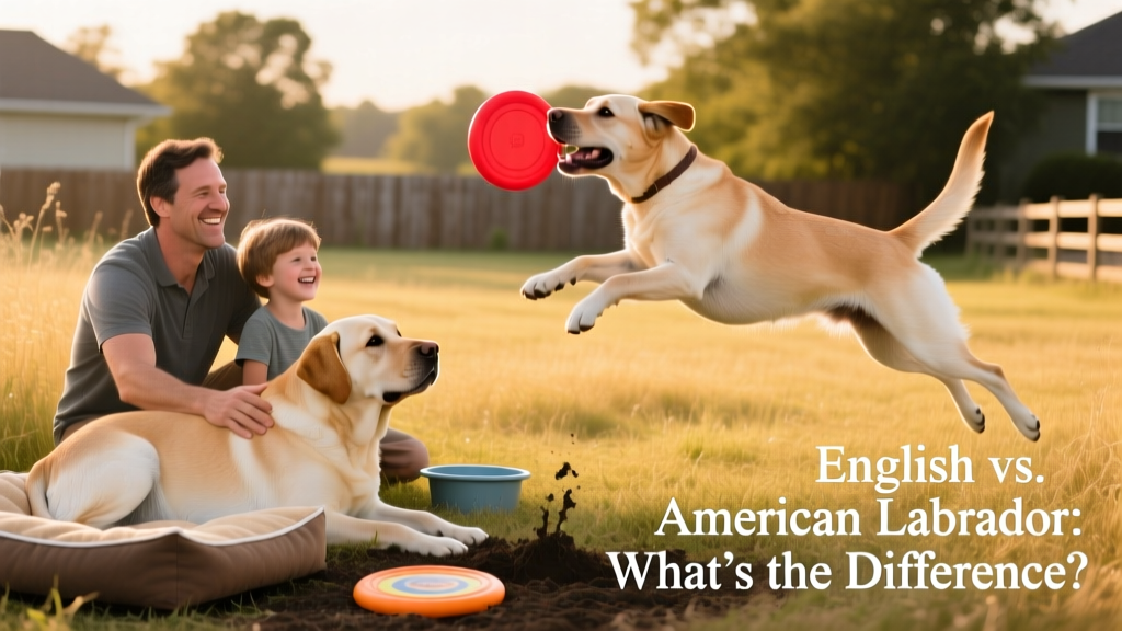 A well-socialized English Labrador resting calmly beside a family, and an American Labrador mid-action retrieving a bumper in a field