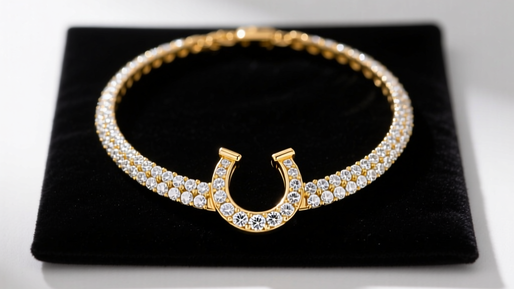 Close-up of a 14k yellow gold horseshoe diamond necklace on a dark velvet display pad, highlighting the U-shape pave setting.