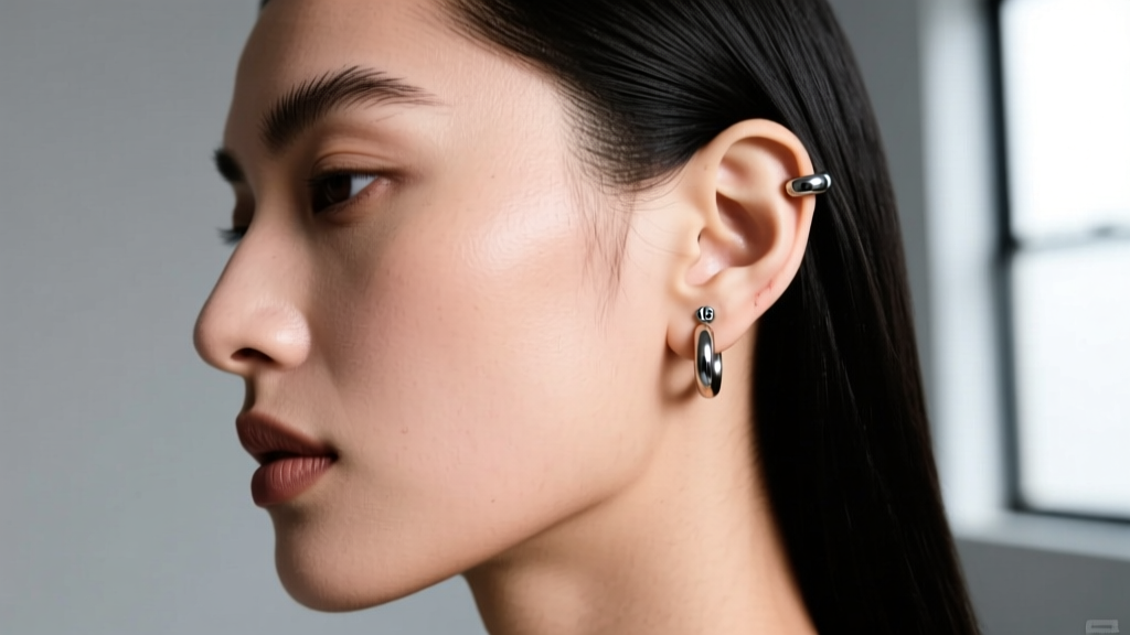 Model wearing a 16-gauge titanium 8mm hoop in a healed helix piercing, showing a snug fit against the upper ear cartilage.