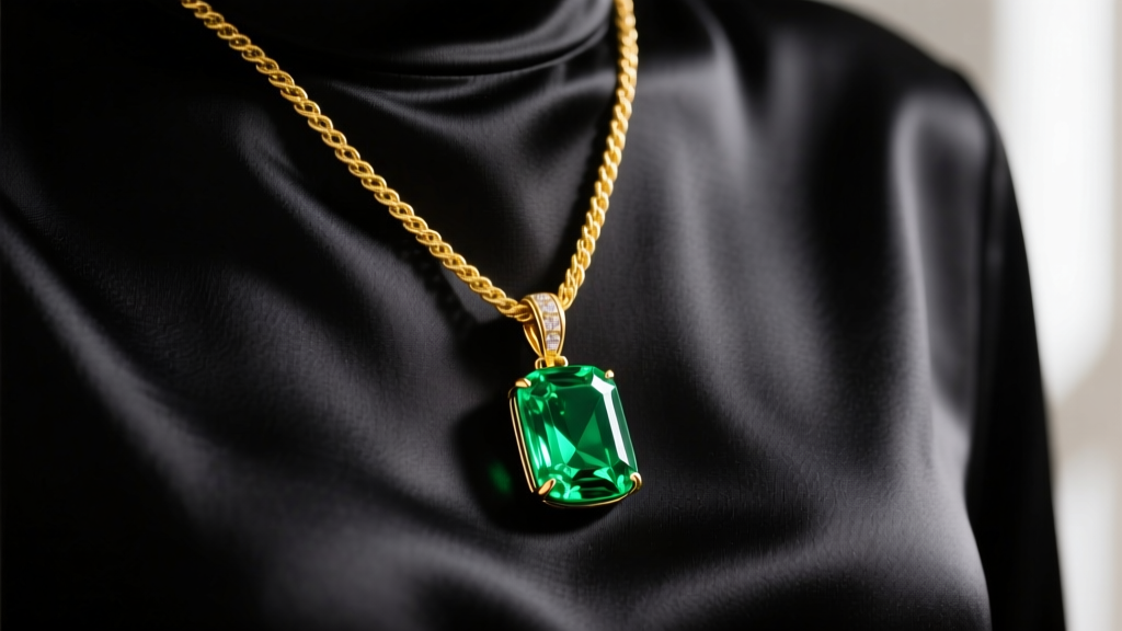A large 10-carat Colombian emerald pendant on an 18k yellow gold rope chain resting against a black silk blouse.