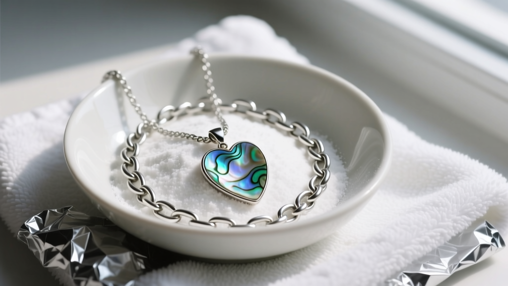 Silver chain in a bowl of baking soda and foil, while the abalone heart pendant rests safely on a dry microfiber towel nearby