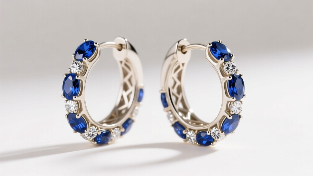 18k white gold inside-out hoops featuring alternating oval blue sapphires and round brilliant diamonds under soft studio lighting