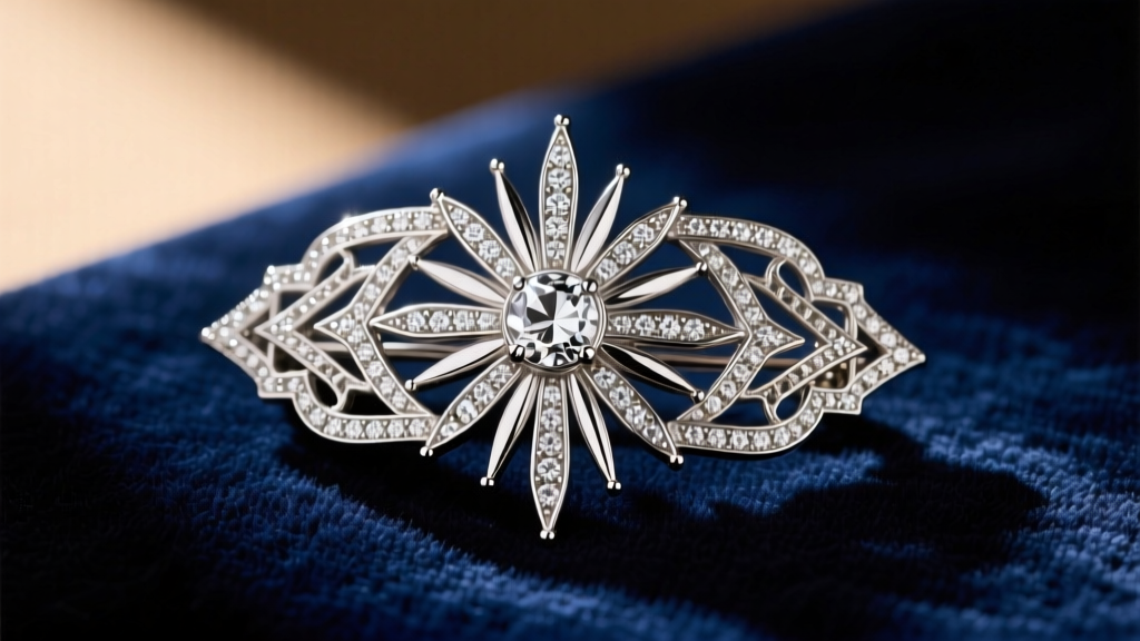 Close-up of a 1920s Art Deco platinum and diamond filigree brooch resting on dark velvet under warm directional lighting.