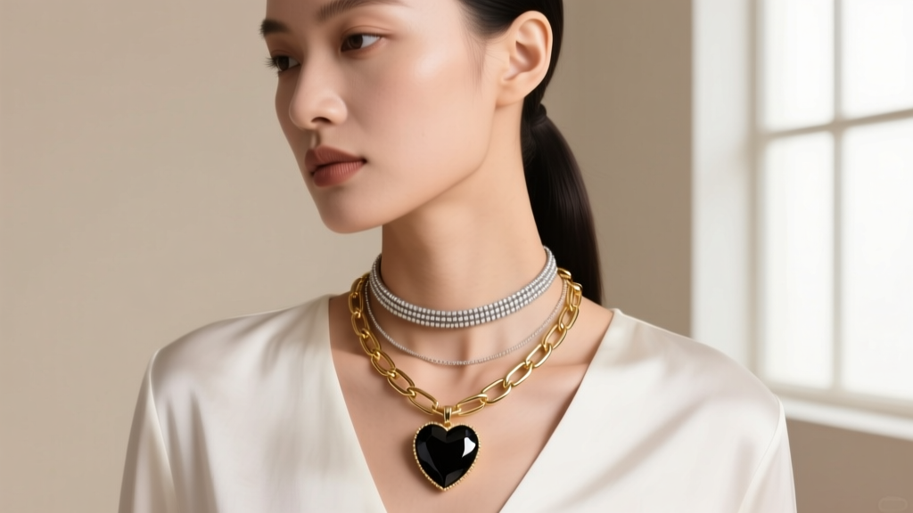 Layered necklace stack with a 14k gold paperclip chain, delicate choker, and central bezel-set hematite heart pendant on a model