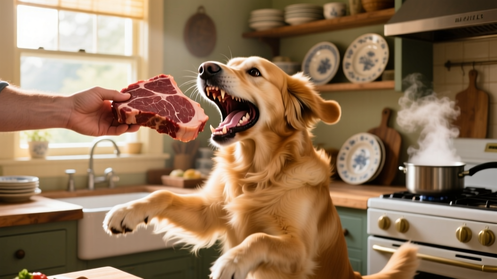 Watch This Golden Retriever Steal His Owner's Steak and Go Full Jaws of Steel