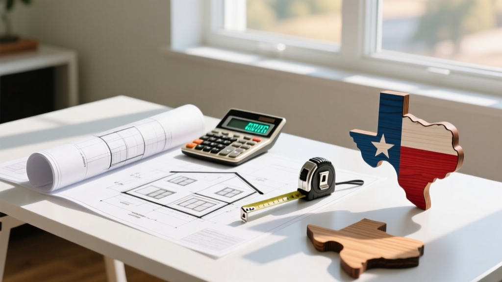 House blueprints on a desk next to a calculator, tape measure, and a Texas-shaped wooden cutout in bright natural sunlight