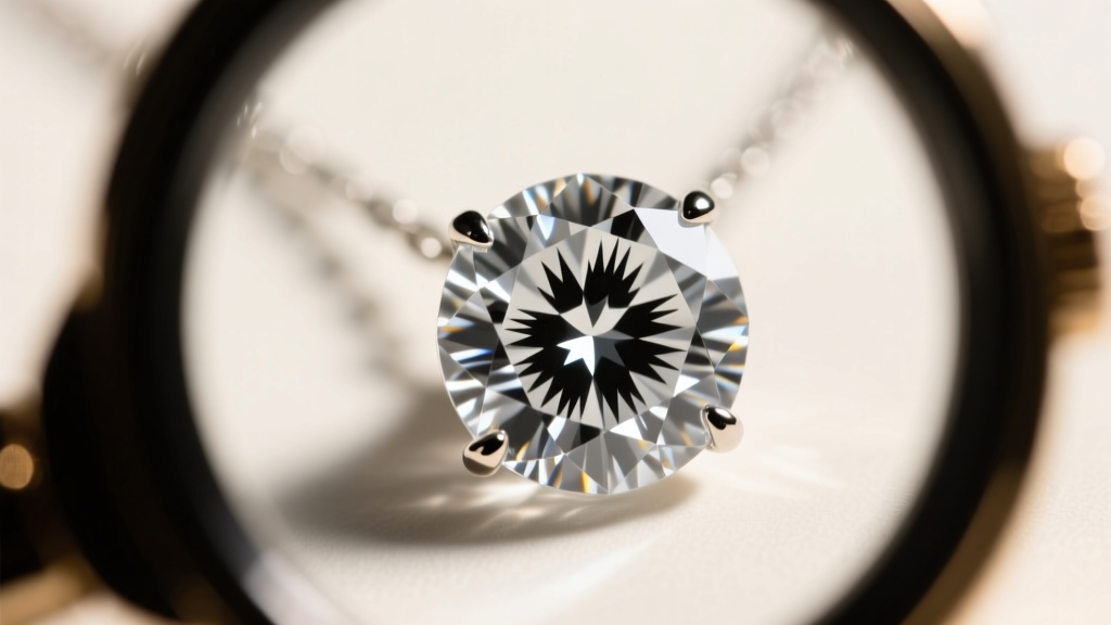 Jeweler loupe examining an I1 clarity diamond solitaire pendant, revealing visible carbon inclusions inside the faceted stone