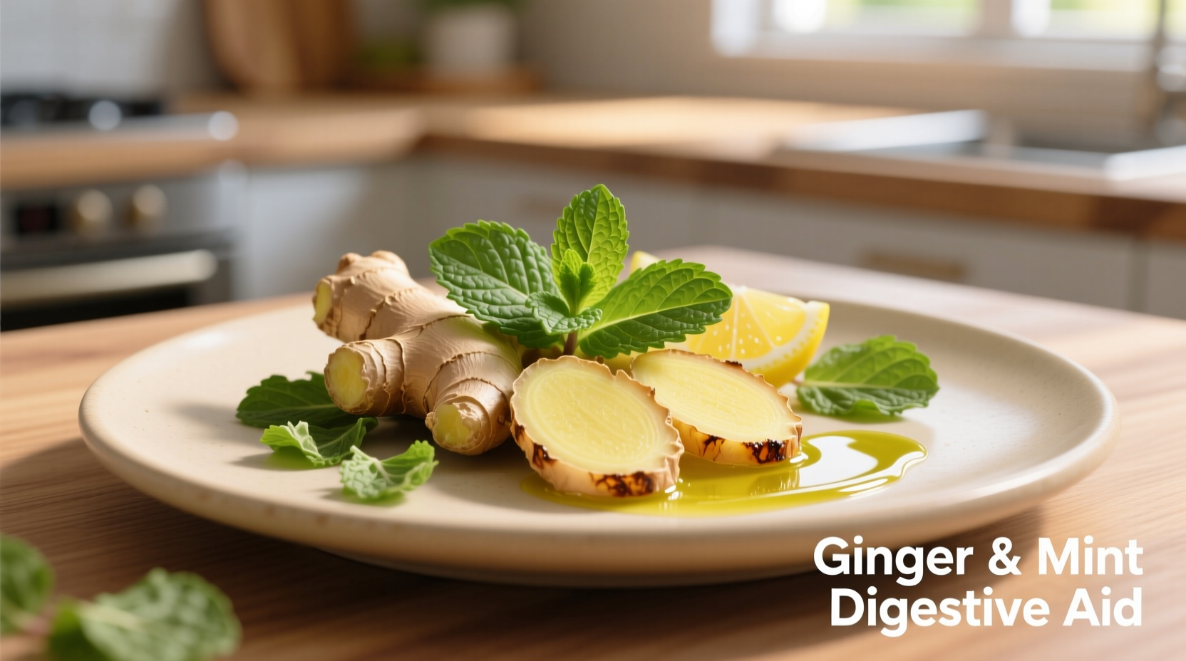 Digestive-friendly food plate with ginger and mint