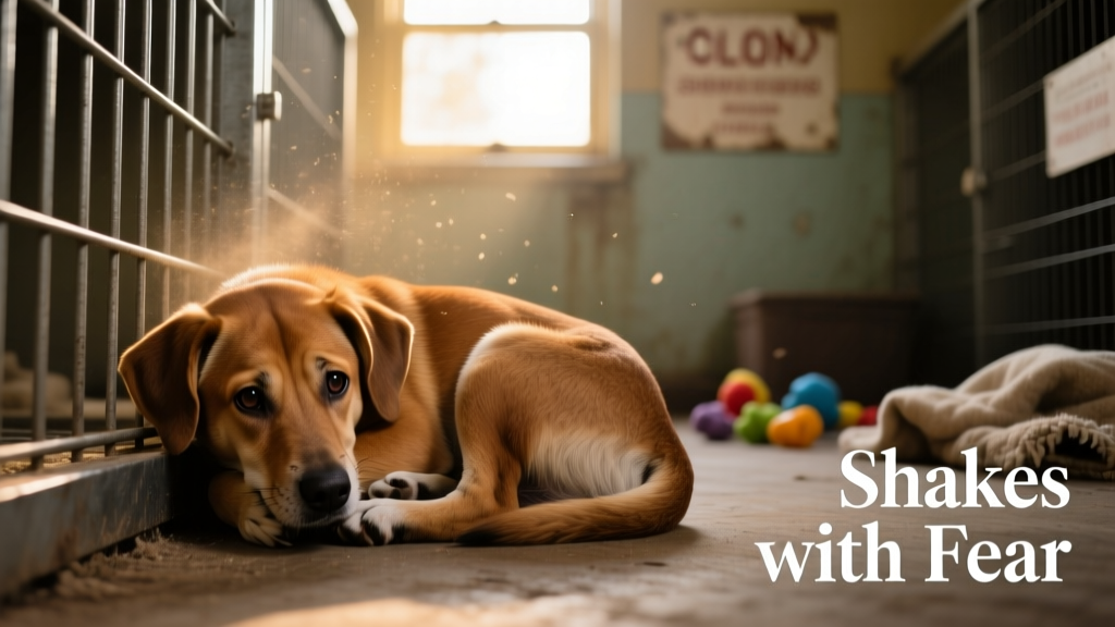 A young brown shelter dog curled tightly in the corner of her kennel, ears flattened and body trembling