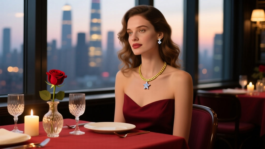 Woman wearing a 14k gold 16-inch choker necklace with a diamond pendant, soft lighting, romantic evening dinner setting.