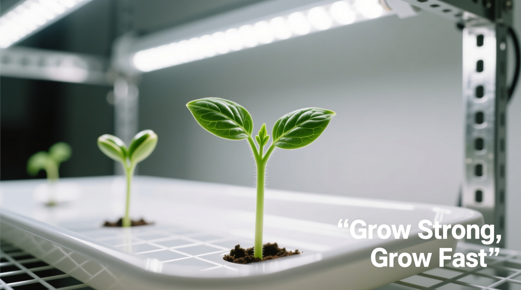 Tomato seedlings growing under grow lights