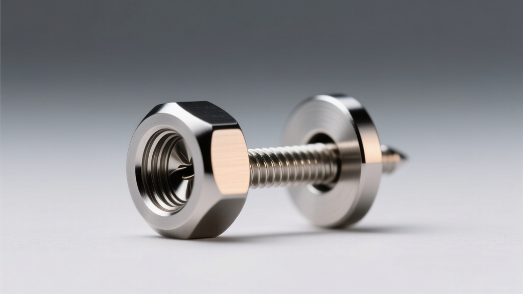 Close-up of polished ASTM F-136 titanium ear bud earring post with secure screw-back threading against a soft gray background.