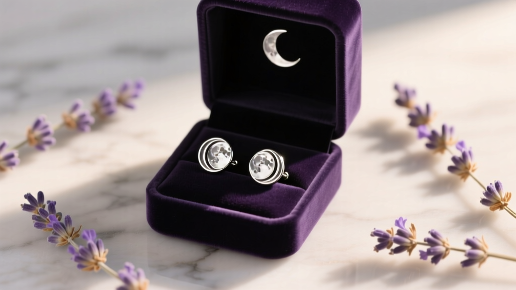 Open velvet box displaying oxidized sterling silver moon phase stud earrings, surrounded by dried lavender and a handwritten card