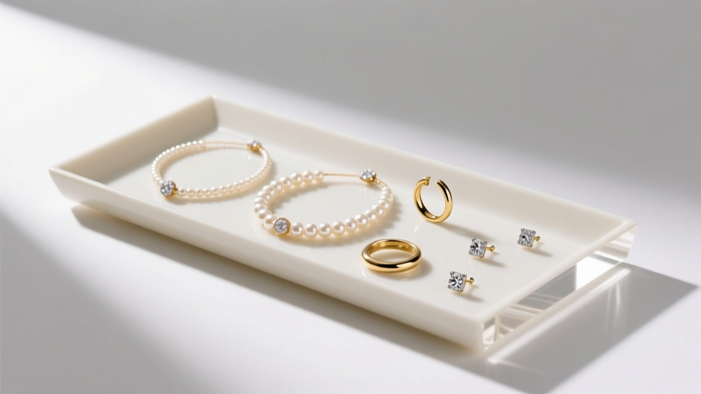 A slanted off-white acrylic necklace tray used for jewelry photography, illuminated by softbox lighting to prevent surface glare