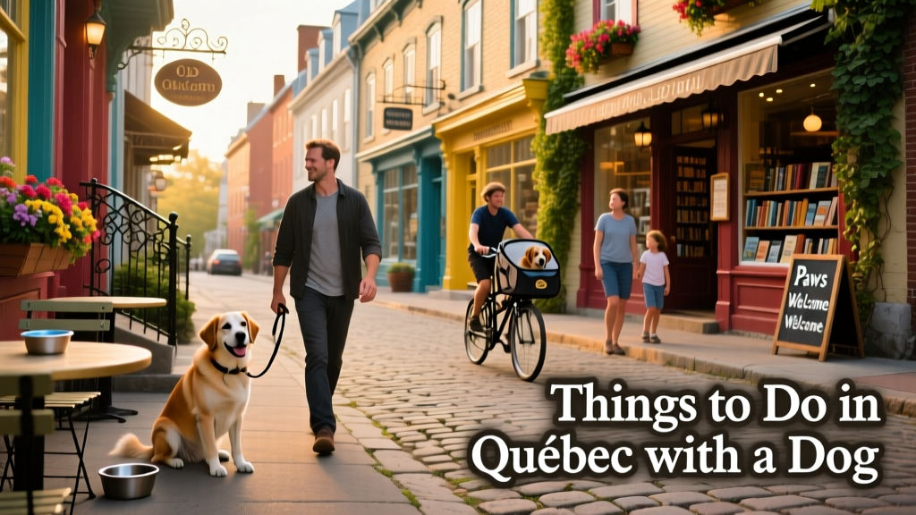 A colorful, historic street in Old Québec with cobblestones and vibrant storefronts