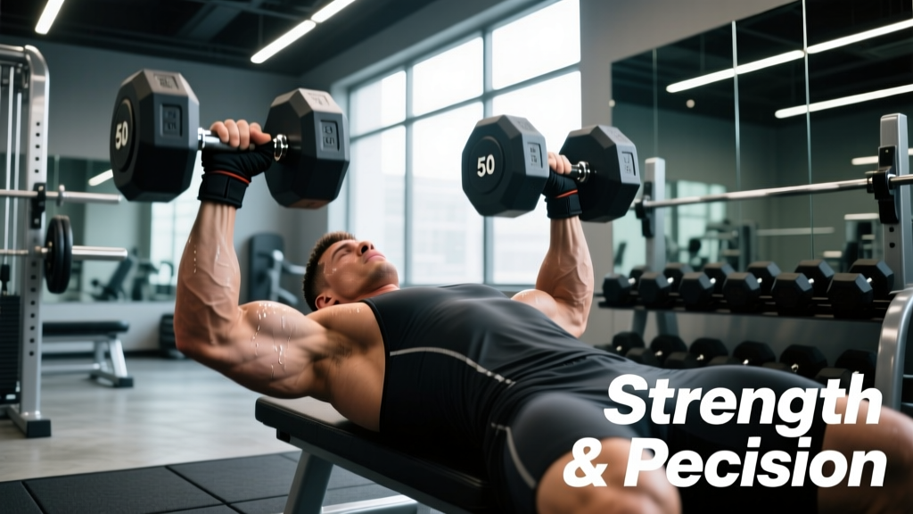 Lifter performing dumbbell bench press on a flat bench with two 50-pound hex dumbbells in a commercial gym setting