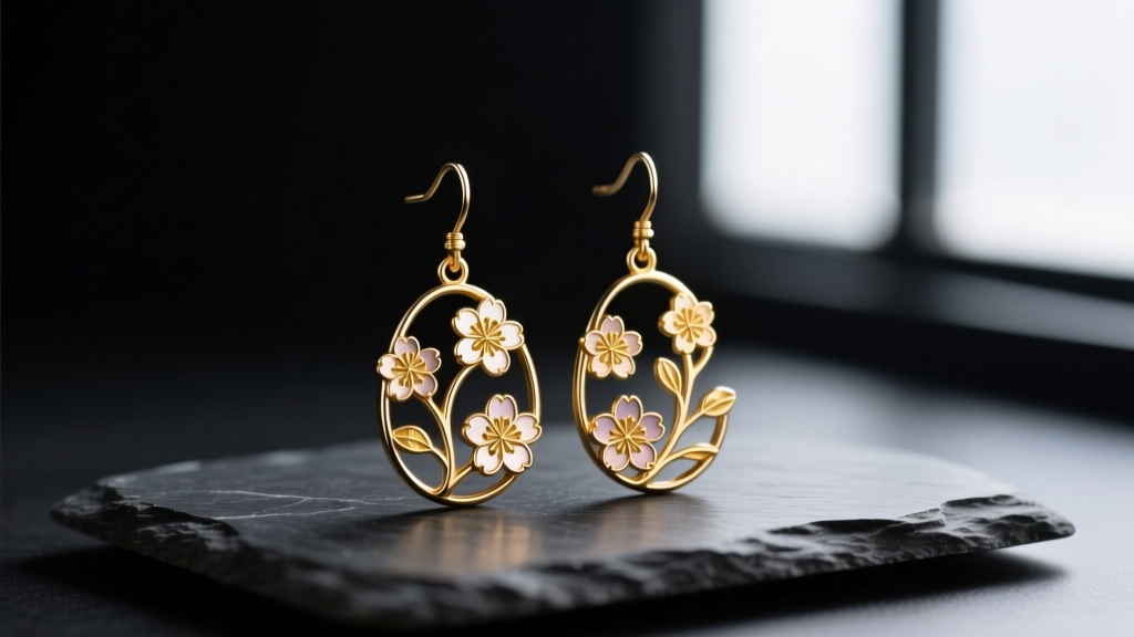 Close-up of handcrafted Shakudo alloy drop earrings featuring intricate gold inlay cherry blossoms resting on dark slate stone