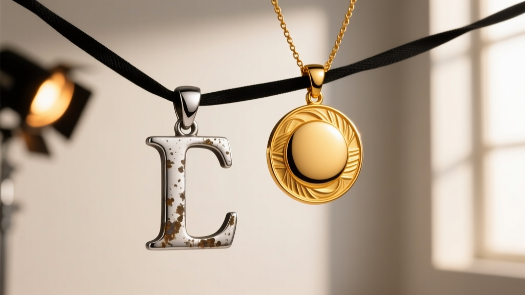 Macro shot comparing a tarnished silver initial pendant and a bright gold vermeil medallion necklace under warm studio lighting.