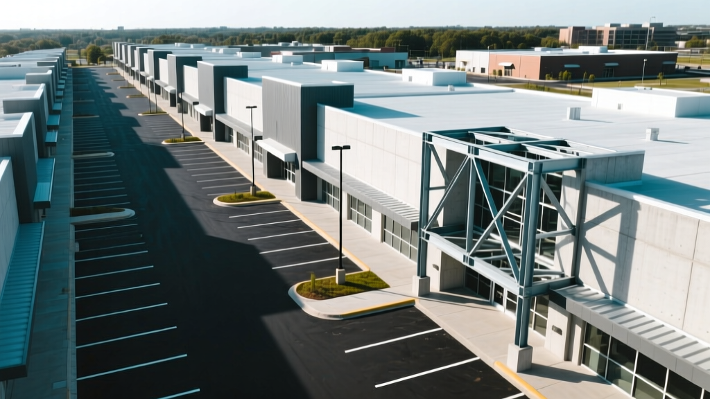 Aerial view of a strip mall build with tilt-up concrete facades, fresh asphalt parking lots, and staged structural steel framing.