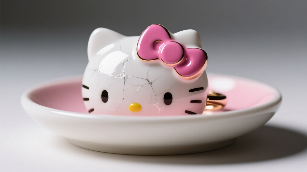 Macro shot of polyresin Hello Kitty ring dish showing minor surface scratches and a vibrant pink enamel bow under studio lighting