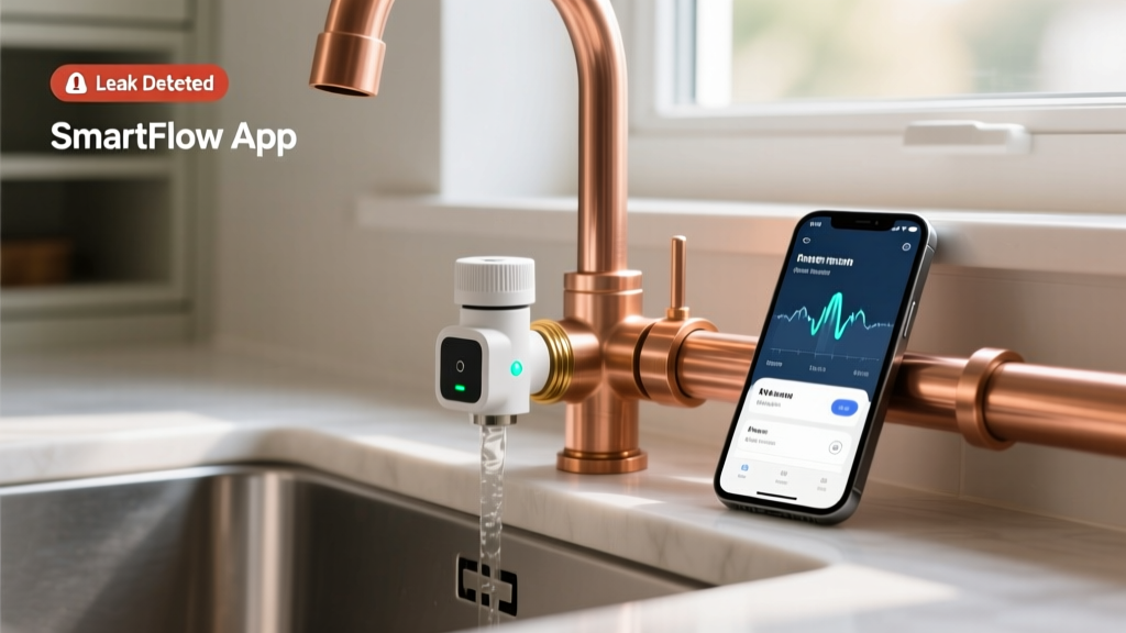 Smart water leak detection valve installed on a copper main water line beneath a kitchen sink, with a smartphone app open nearby.