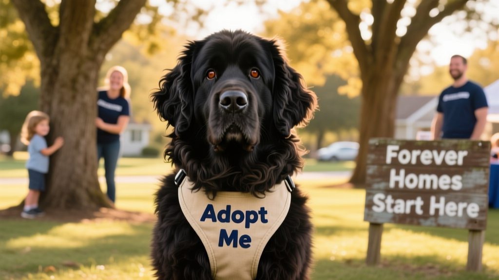 A Newfoundland wearing an 'Adopt Me' harness at a quiet community park event
