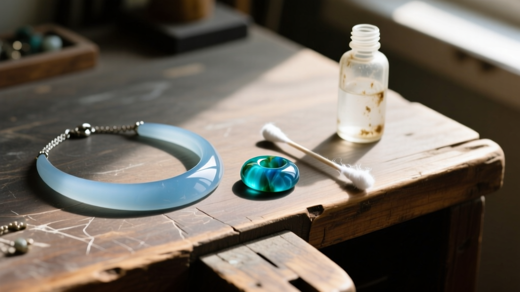 Faded blue resin necklace next to a vibrant one, beside a cotton swab and acetone bottle on a scratched wooden jeweler bench.