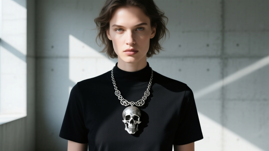 Model wearing a medium oxidized sterling silver skull necklace over a black crewneck t-shirt in natural daylight