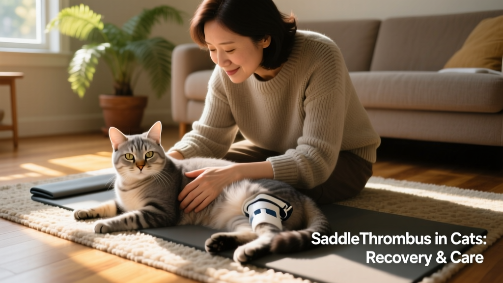 Caring owner gently supporting a recovering cat during supervised physical therapy at home