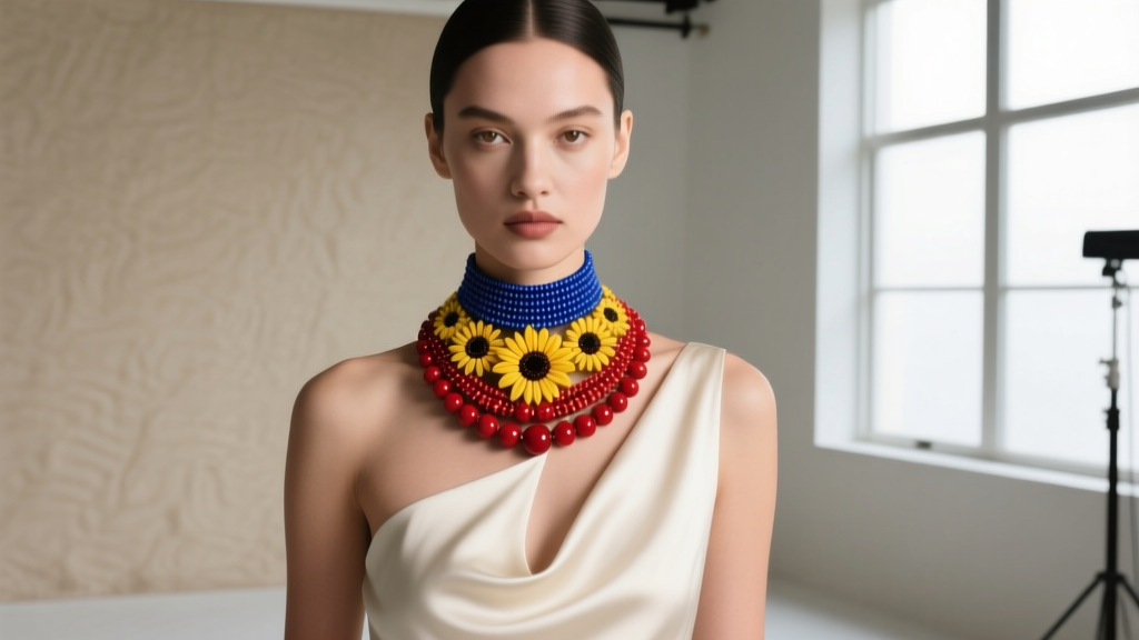 Fashion editorial shot of a model wearing an asymmetric neckline top layered with a triadic multi colored beaded choker necklace