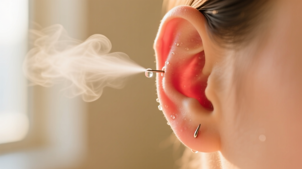 Close-up of sterile saline mist applied to a slightly red earlobe piercing, set against a soft-focus, warm-toned background.
