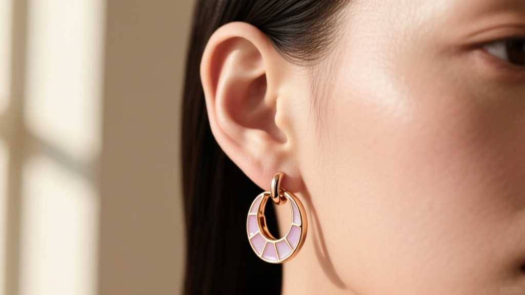 Close-up of an ear wearing delicate 18k rose gold huggie earrings with pale mauve enamel detailing, in soft natural window lighting.