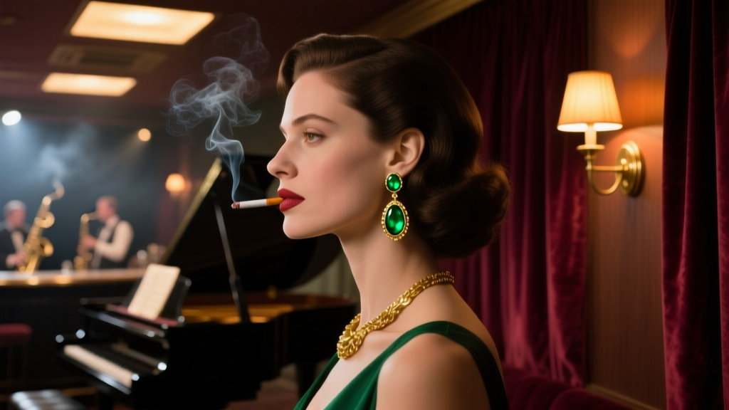 Woman wearing 18k gold and chrysoprase dangle earrings in a moody 1970s jazz club, shot in side profile with a soft bokeh background