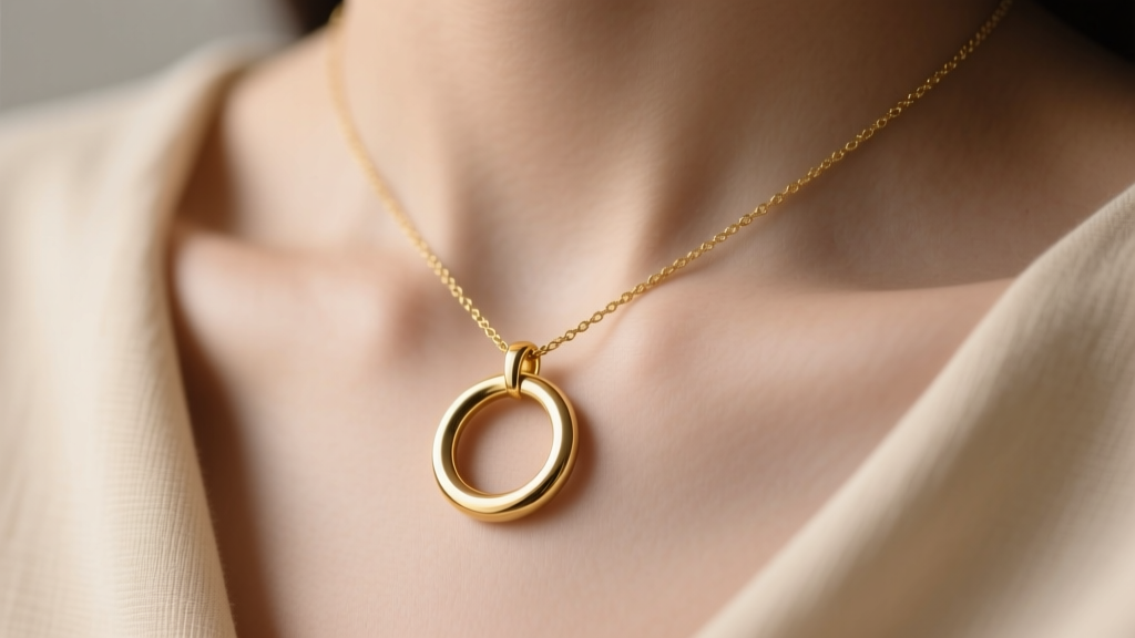 Close-up of a minimalist 18k gold vermeil circular pendant necklace resting on a beige linen collarbone in soft natural light